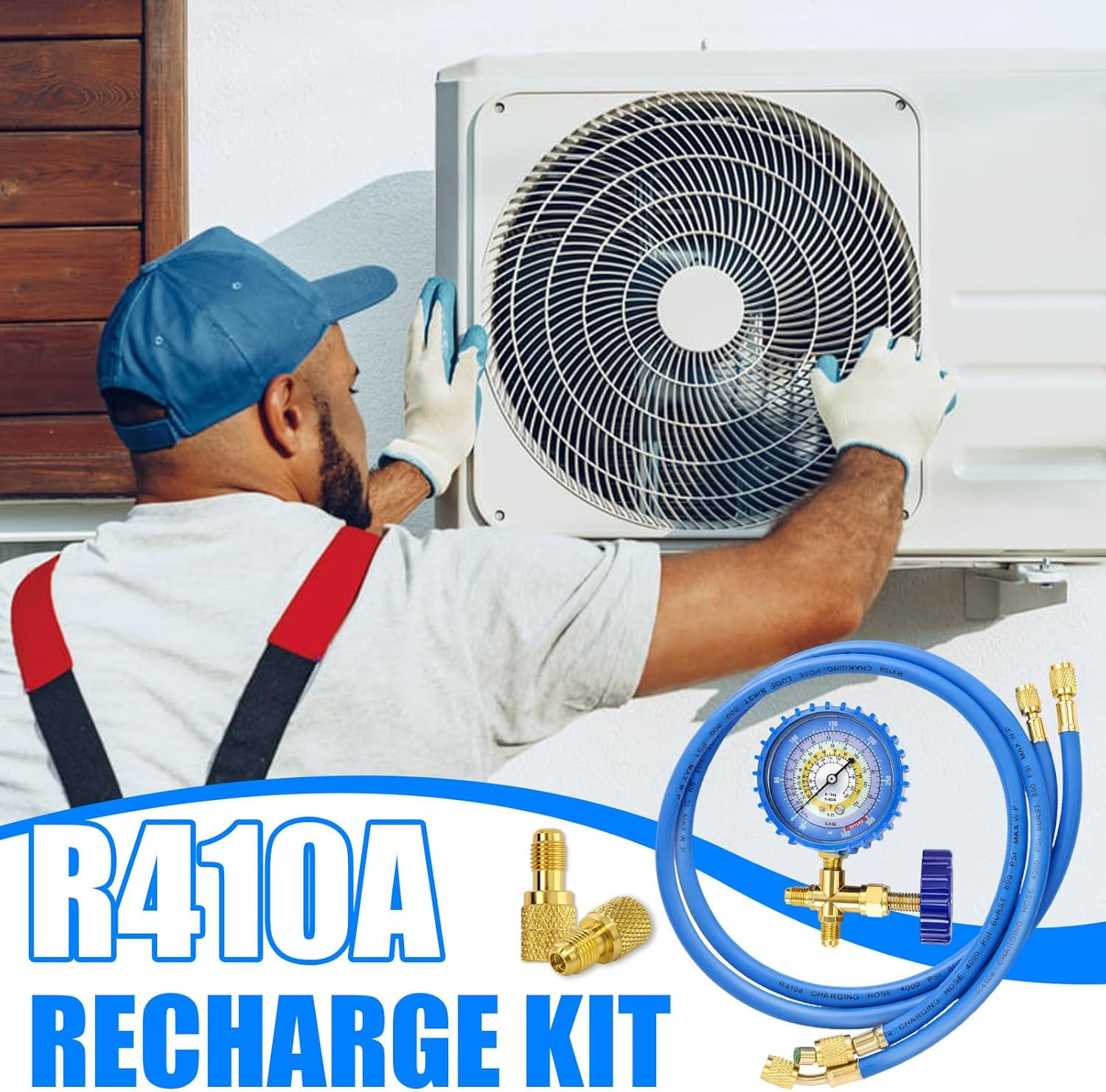 AC Recharge Kit with Gauge, R410A R134A R22 Refrigerant Charging Hose Kit, 59″ H