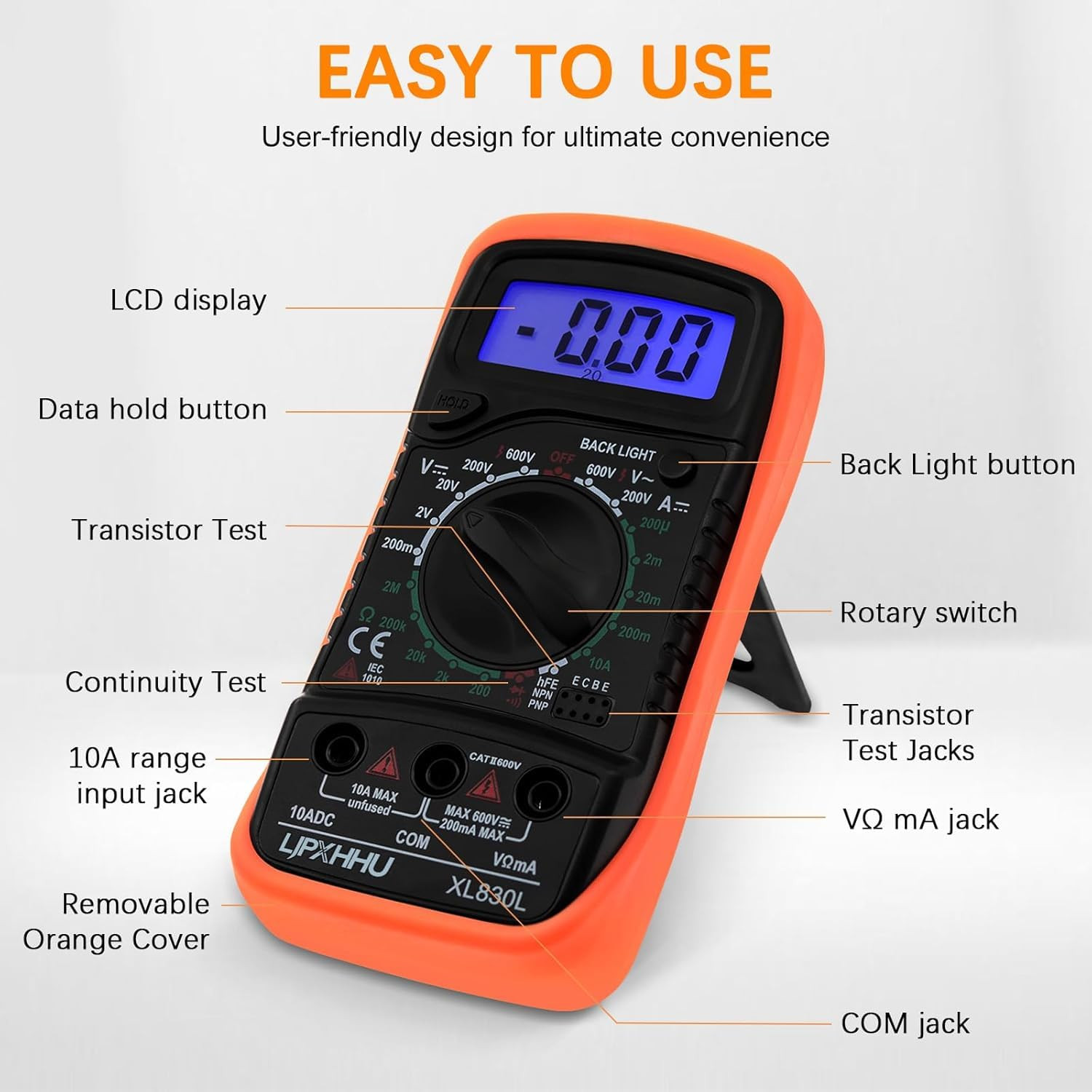 Digital Multimeter AC DC Voltage Current Ohm Tester with LCD & Test Leads