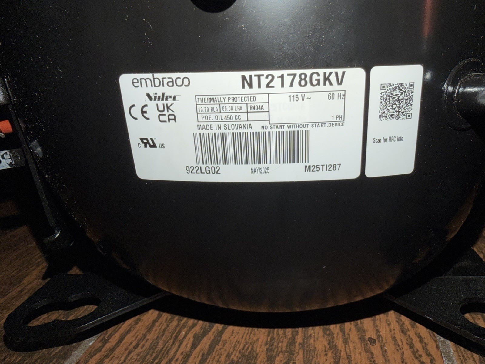 Embraco NT2178GKV Hermetic Refrigeration Compressor 115V 1PH 60Hz R404A Black