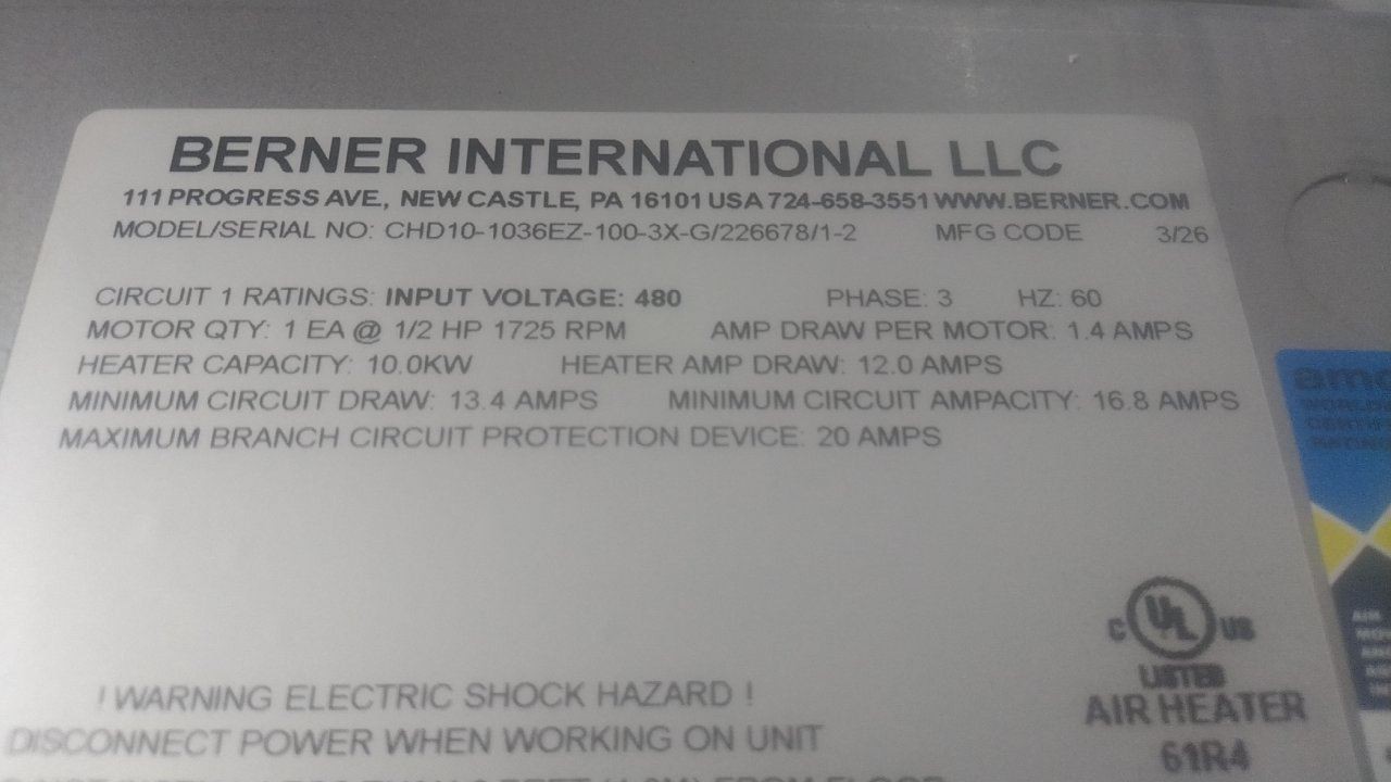 Berner CHD10-1036EZ-100-3X-G 1/2 HP 1687 Max CFM 480VAC Heated Air Curtain