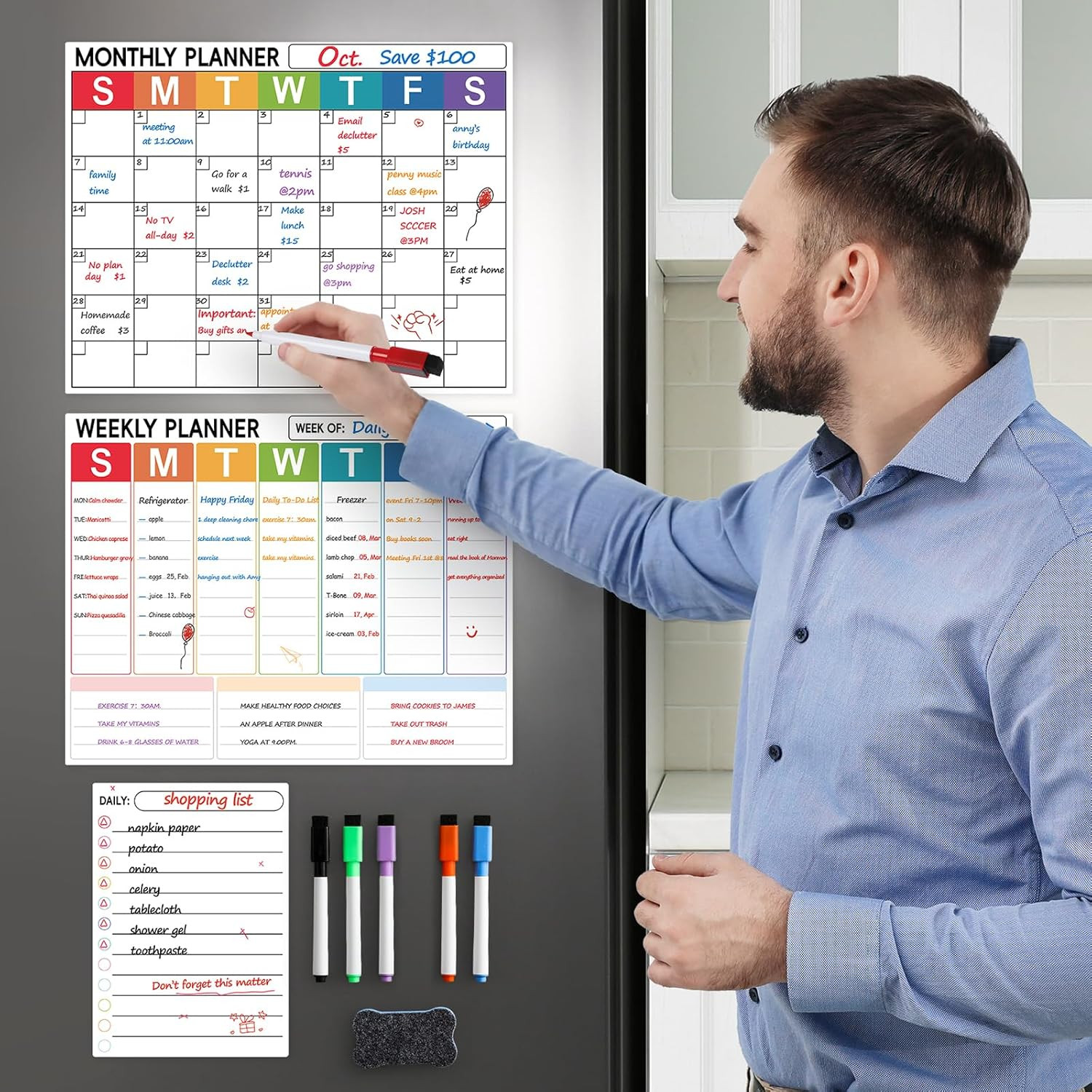 3 Pack Dry Erase Magnetic Calendar for Refrigerator – Monthly & Weekly & Daily P