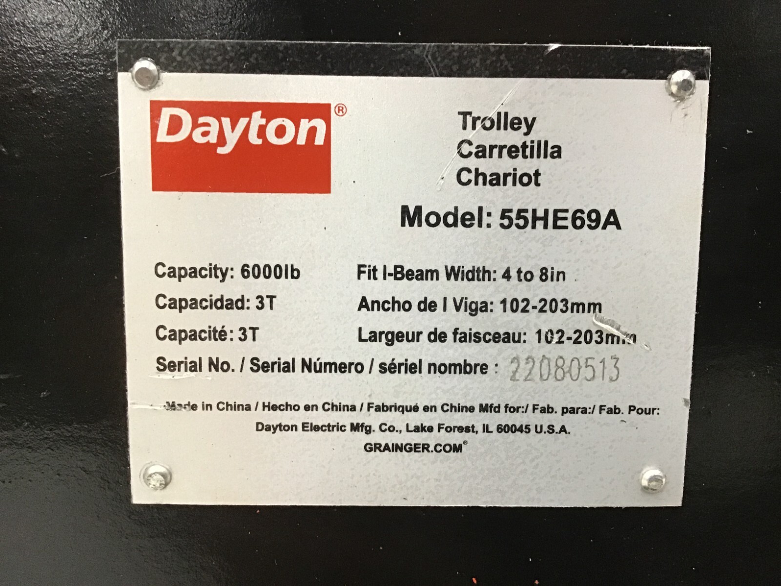 Dayton – 55HE69 6,000 Lb Load Capacity 4 to 8 In Beam Flange W Push Trolley