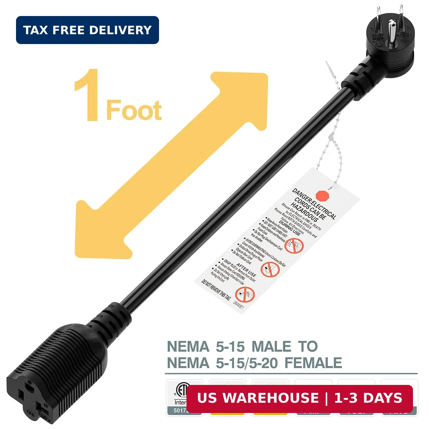 1-Foot Right Angle15 Amp Household AC Plug to 20 Amp T Blade Adapter Cable，14AWG
