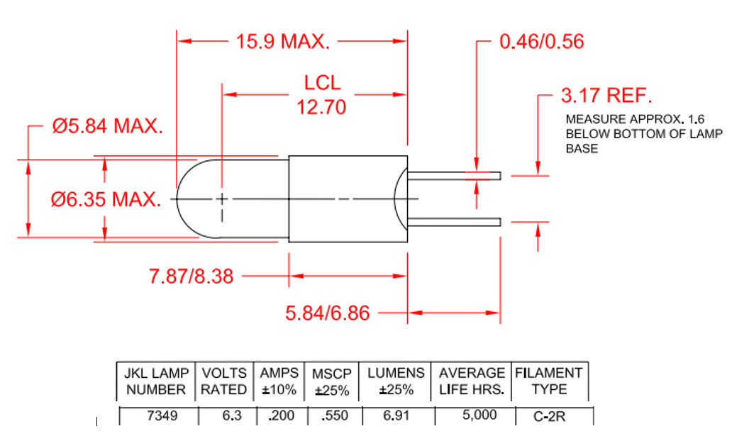 Lot of 10 – 7349 – Subminiature Bi-Pin Lamp, 6.3V, 200mA, 1/8” Pin with Socket