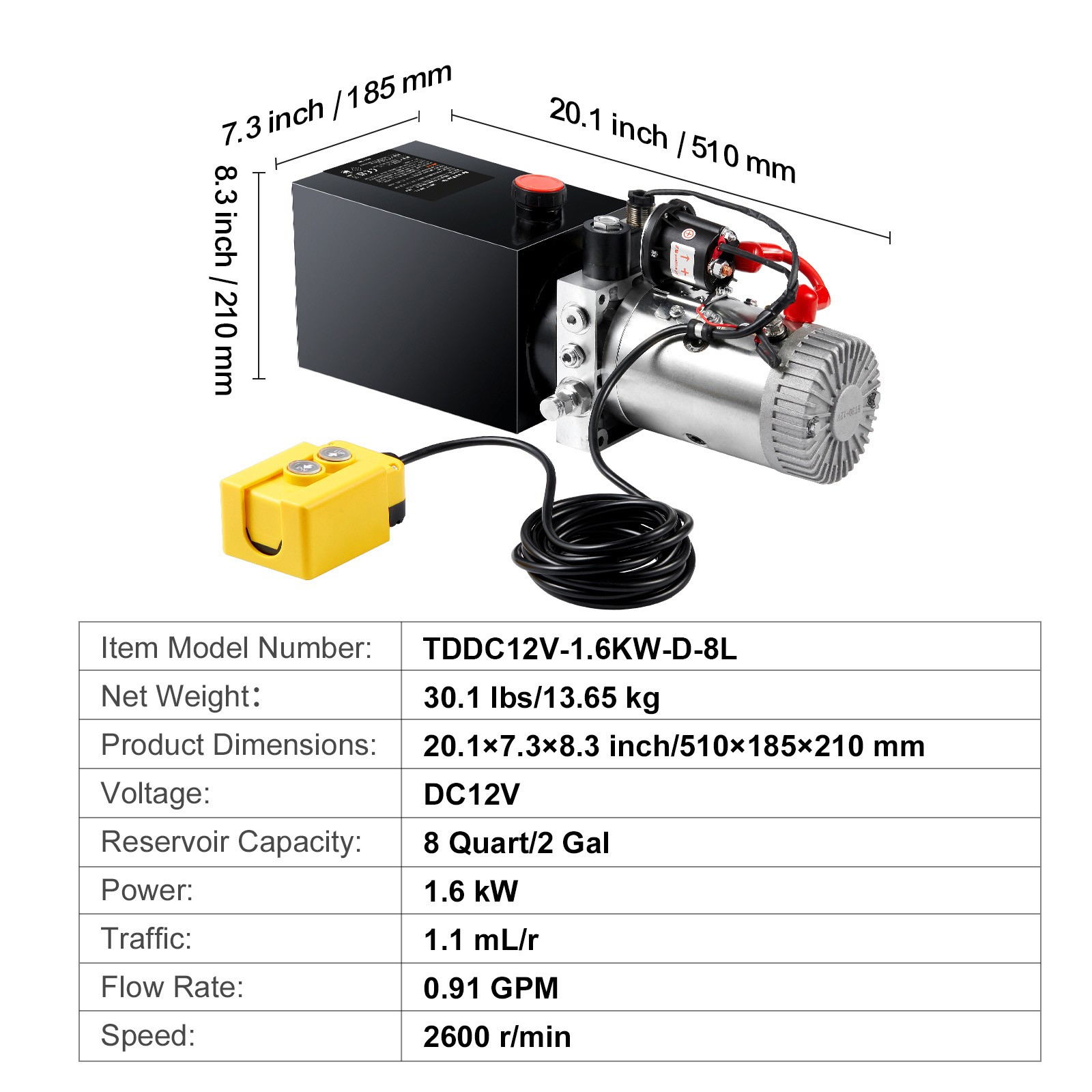 VEVOR Hydraulic Pump 8 Quart Single Acting Dump Trailer Pump Power Unit DC 12V