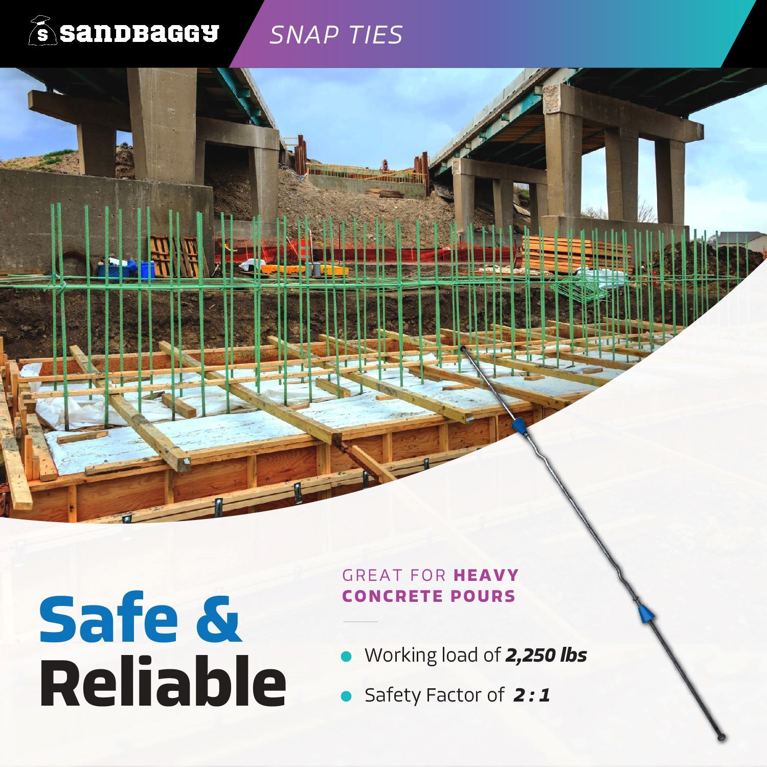 Sandbaggy 16″ x 8 ¼» Standard Snap Ties For Concrete Forms (Long End)