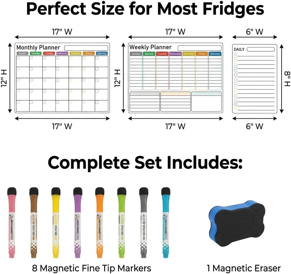 Magnetic Calendar for Refrigerator (3-Pack, Ships Flat) – 17″x12″ Monthly, Weekl