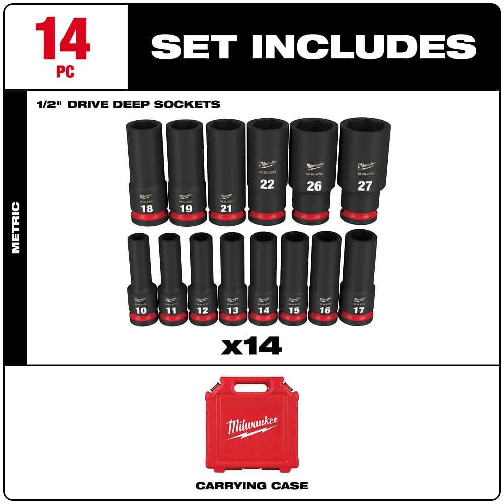 Milwaukee SHOCKWAVE 1/2 in. Drive Metric Deep Well Impact Socket Set (14-Piece)