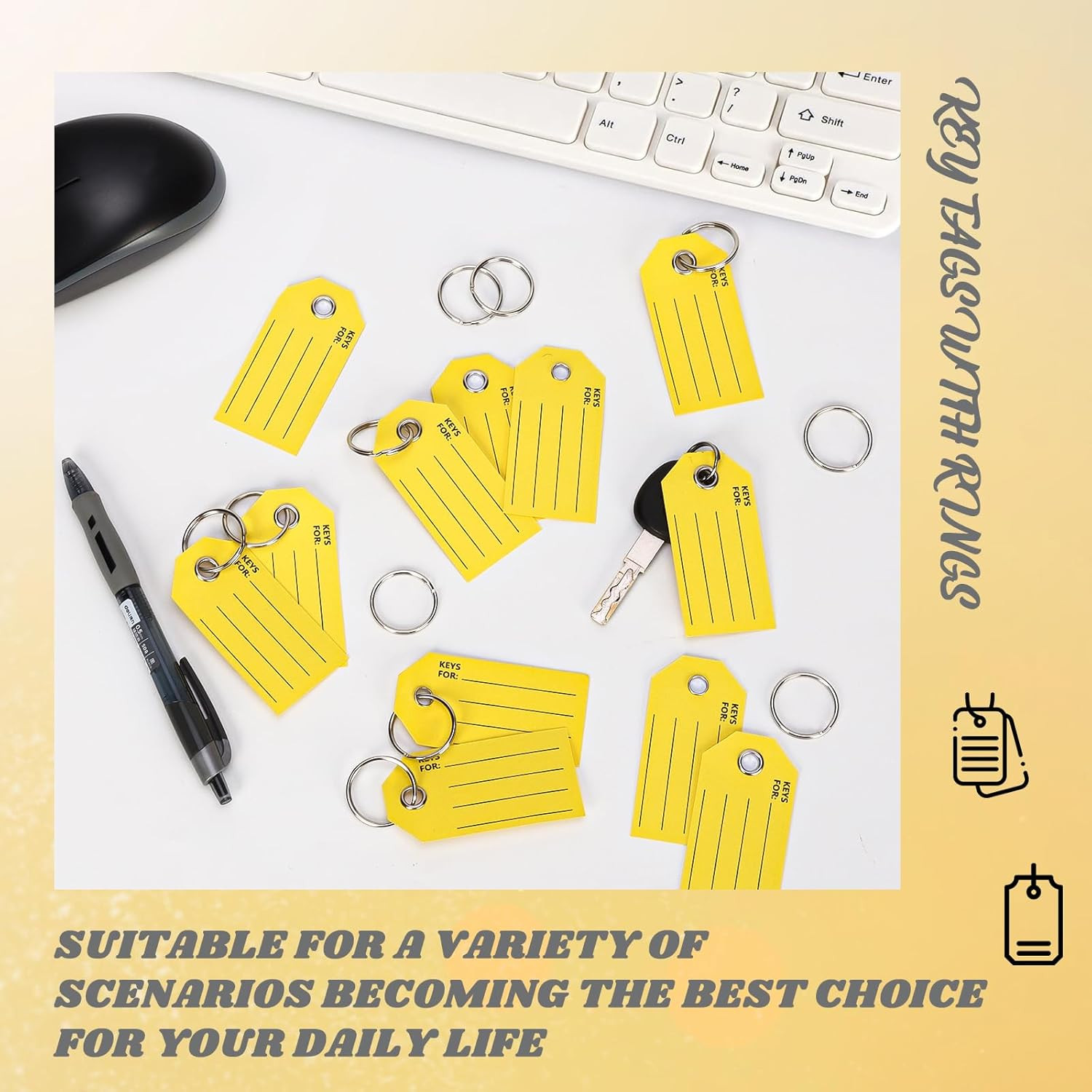 250 Pcs Yellow Key Tags with Labels and Rings: 1.38 X 2.76 Inches, 250 Labels, C
