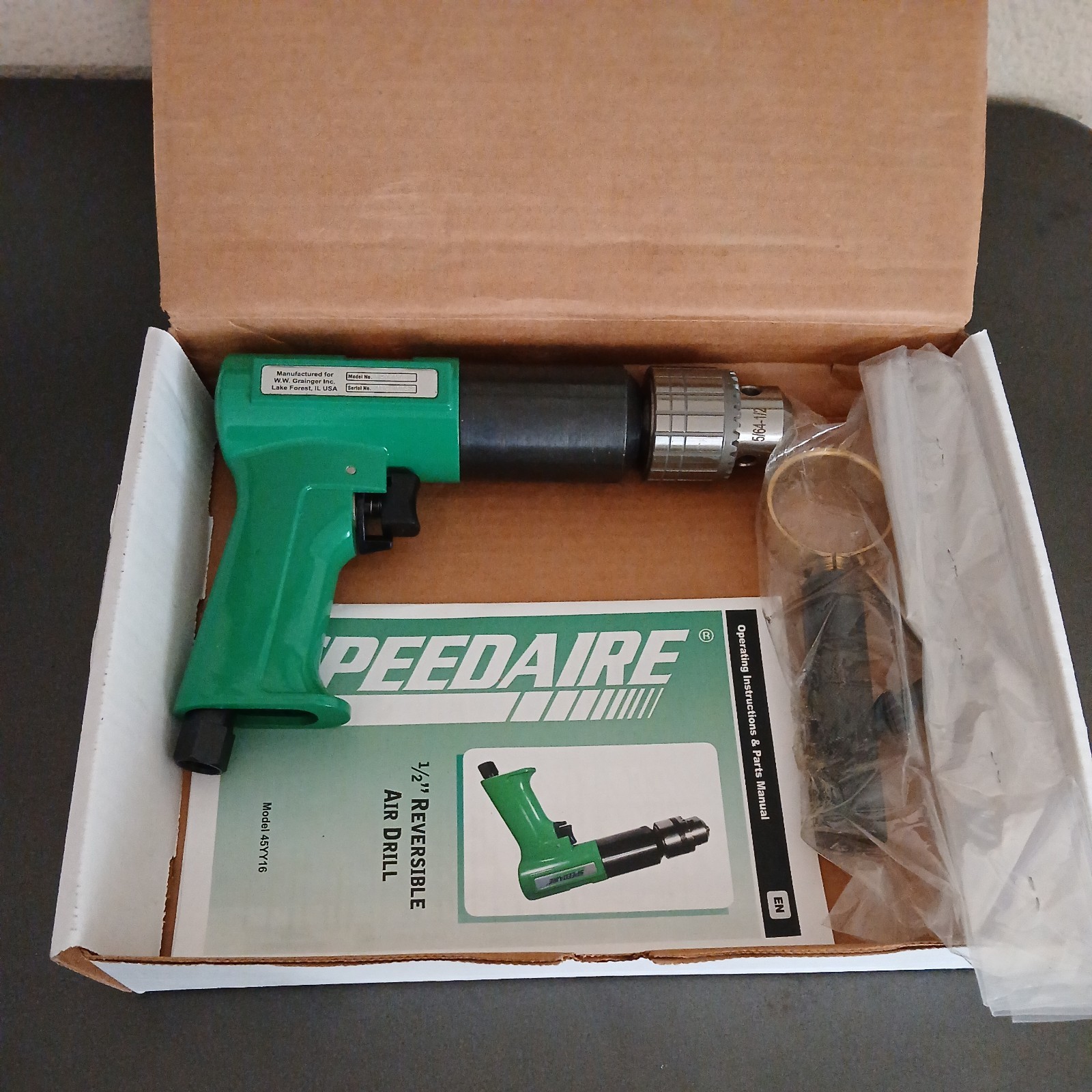SPEEDAIRE 45YY16 Drill,Air-Powered,Pistol Grip,1/2 in 45YY16