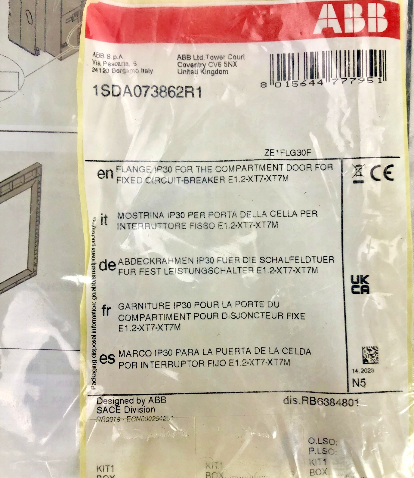 ABB 1SDA073862R1 IP30 Door Flange Frame XT7 XT7M E1.2 Emax 2 Switchgear SACE