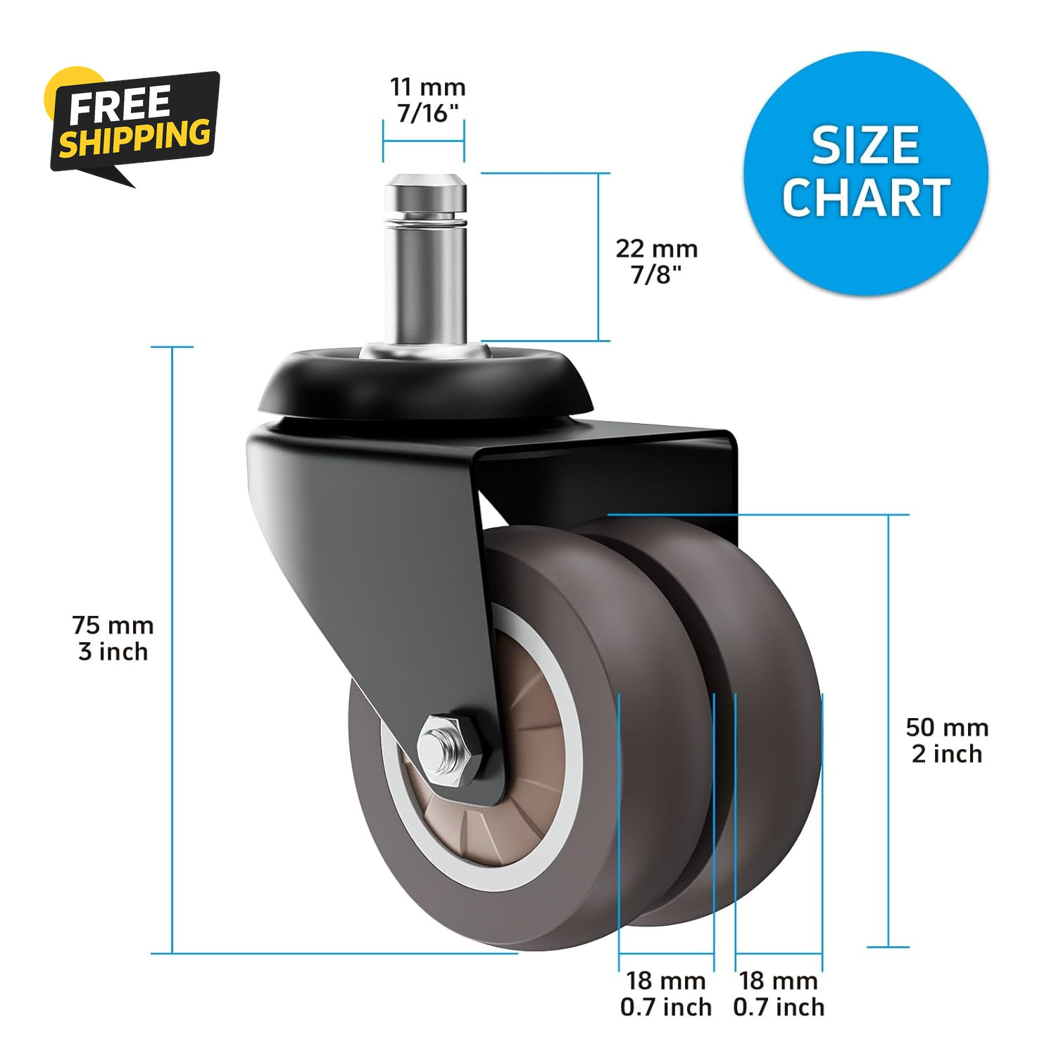 2 Inch Low Profile Office Chair Casters 650 Lbs, Dual-Wheel TPR Rubber Wheels