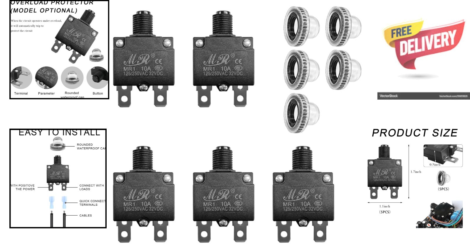 Compact 5 PCS Circuit Breaker Set – Overload Protection and Waterproof Cover