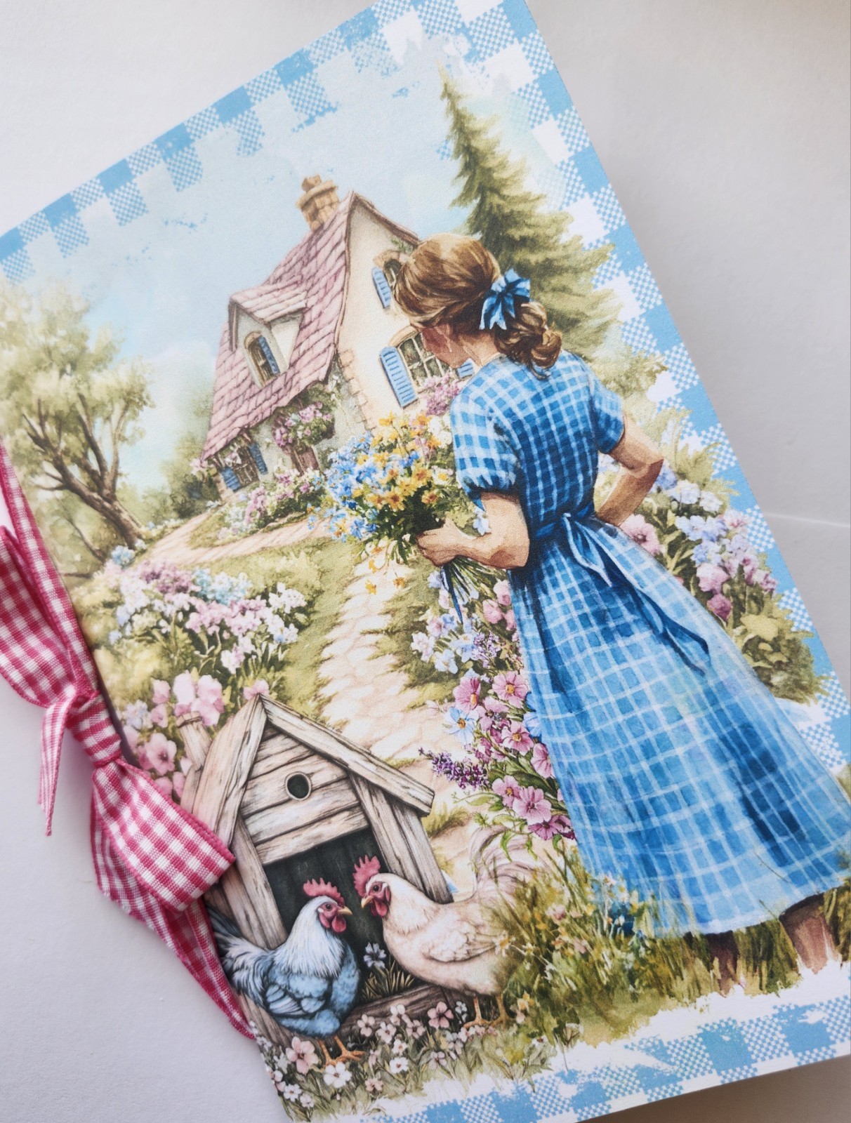 Junk Journal Booklet «COUNTRY GINGHAM» Farmhouse Cards, Pockets Ephemera 40Pg