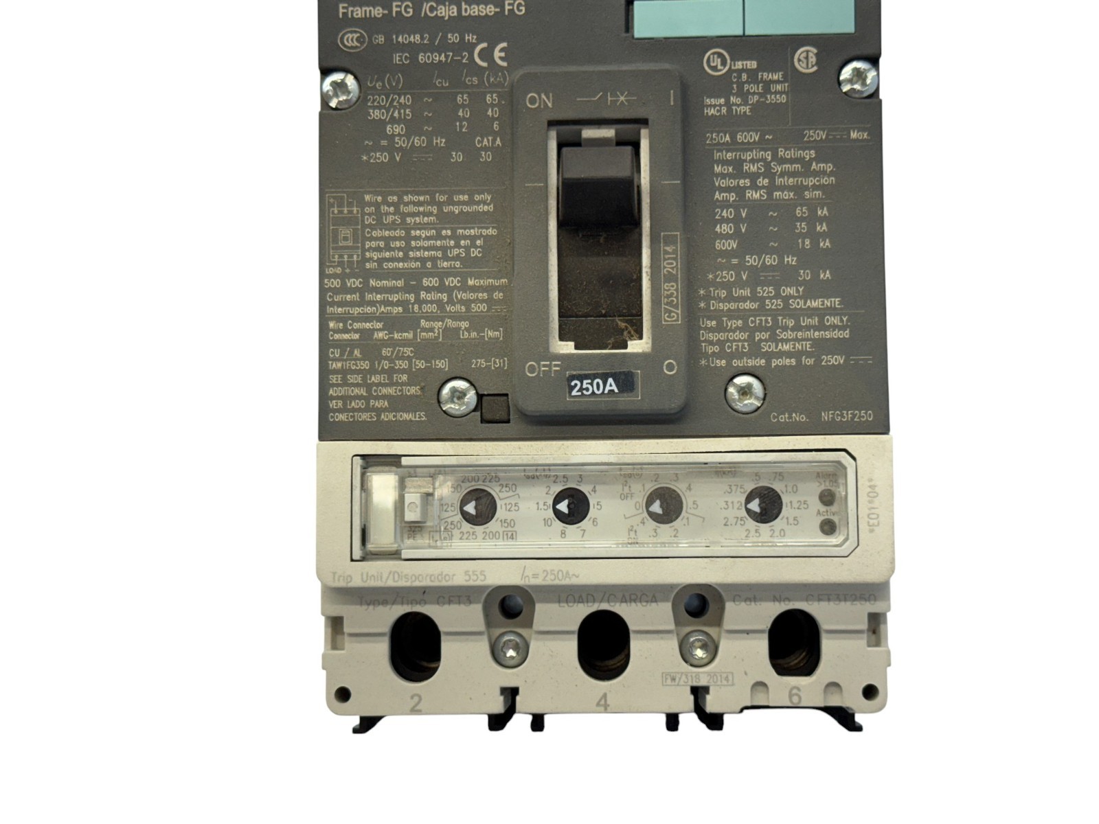 SIEMENS NFG3F250 CFT3T250 TRIP UNIT 250A 3-PHASE 3-POLE 600V 35KA BOLT-ON NEW
