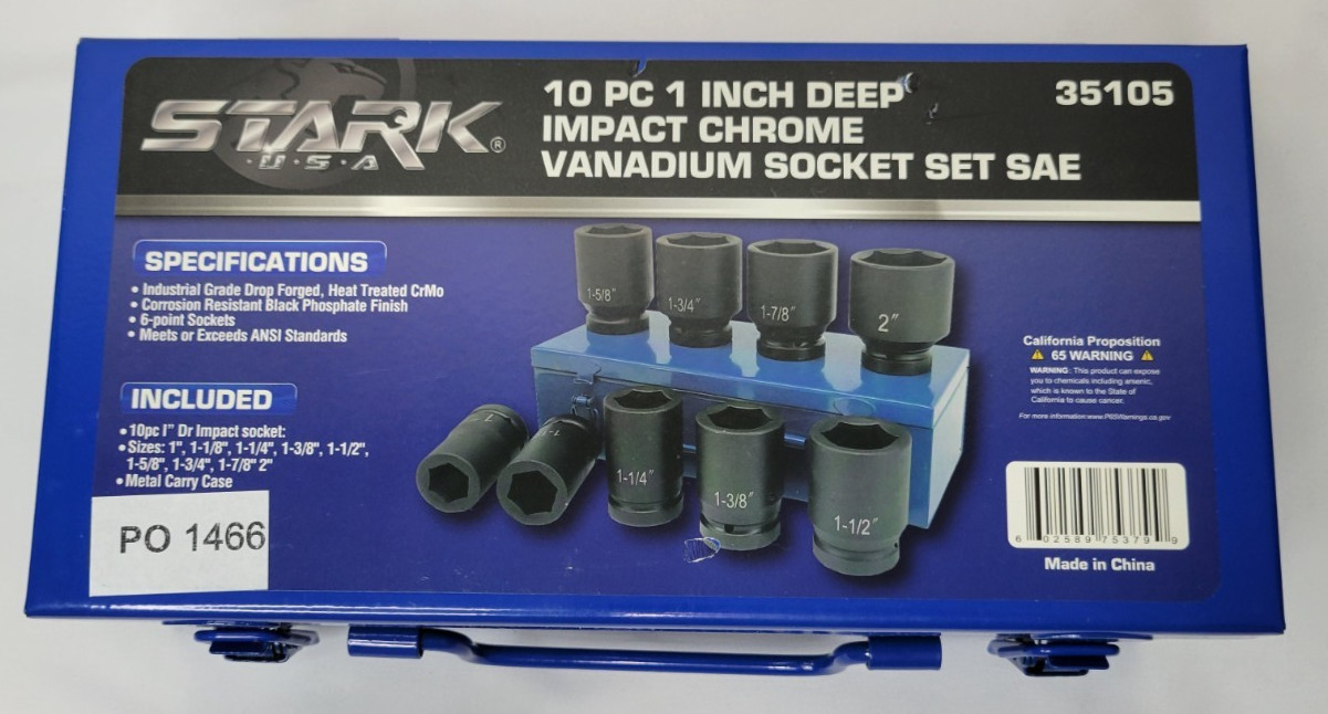 Stark USA 35105 10pc 1″ Drive Deep Impact Socket Set SAE CR-MO Metal Case *Read*