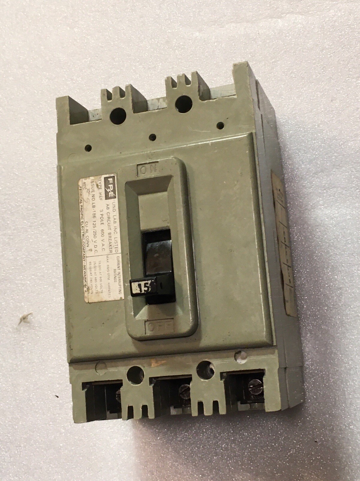 FEDERAL PACIFIC Electric HEF631015 15A 600V 3P CIRCUIT BREAKER WARRANTY FPE HEF