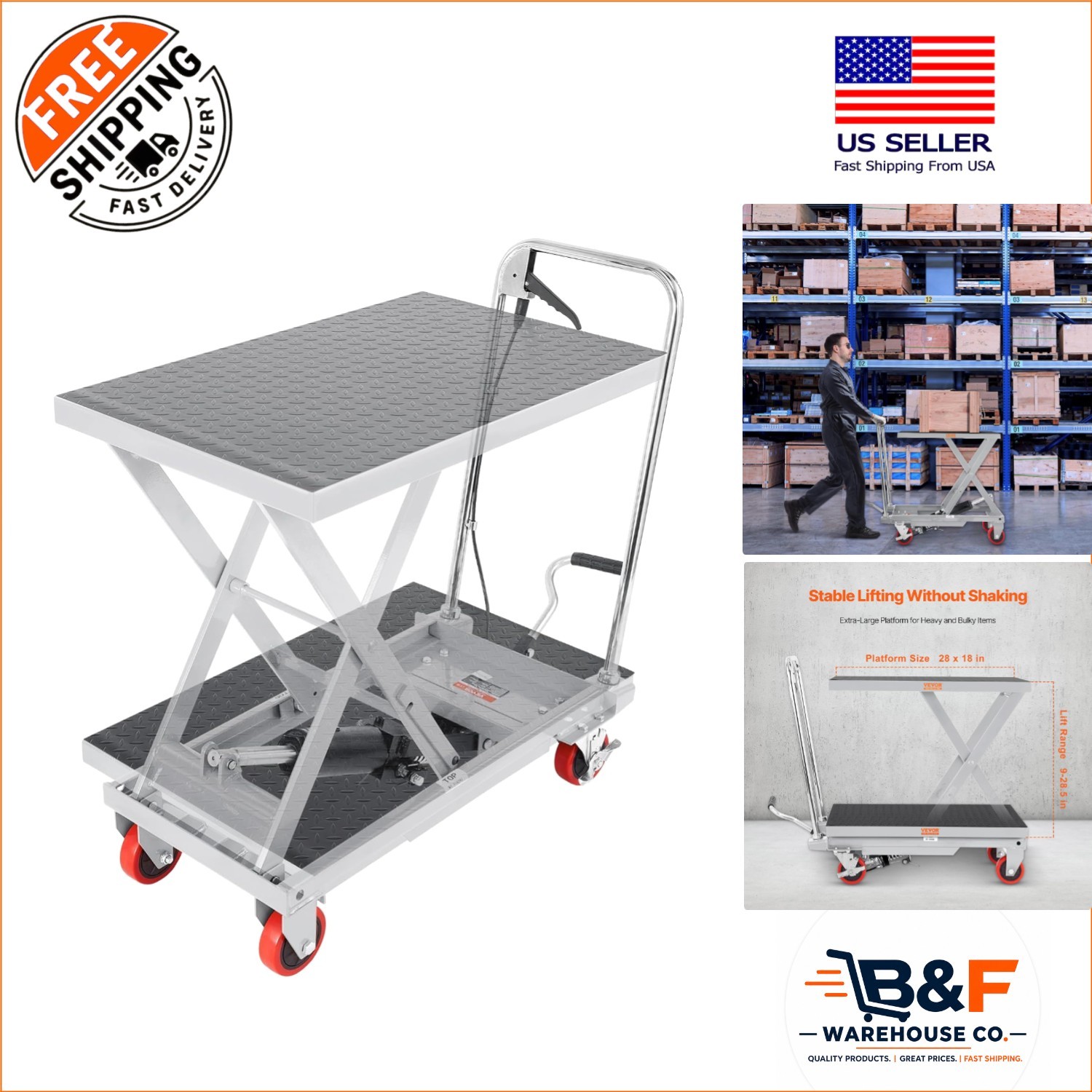 500 lbs Hydraulic Lift Table Cart – 28.5 Inch Manual Scissor Lift with Wheels