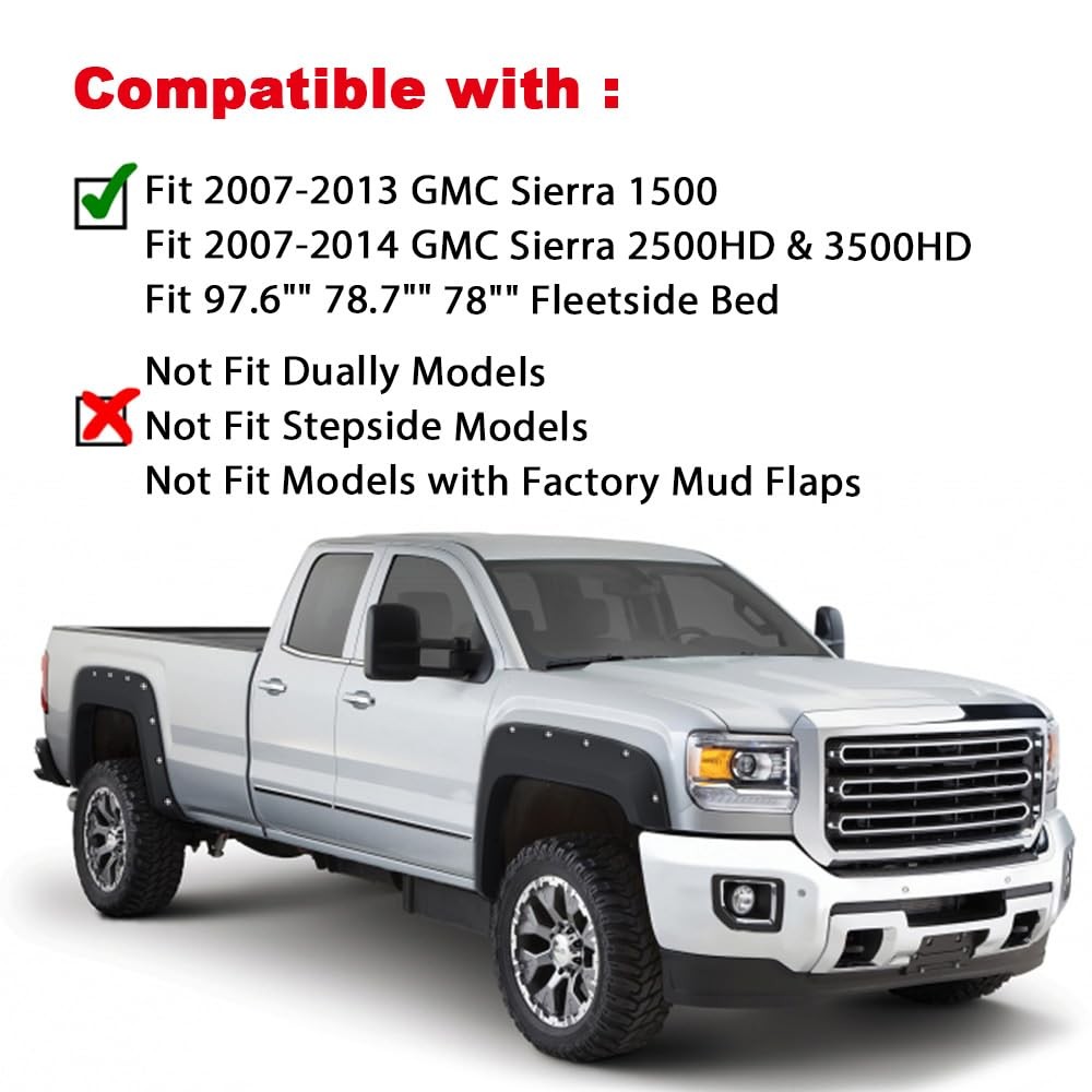 4pcs Fender Flares for GMC Sierra 1500 2007-2013 Black Pocket Rivet Style Painta
