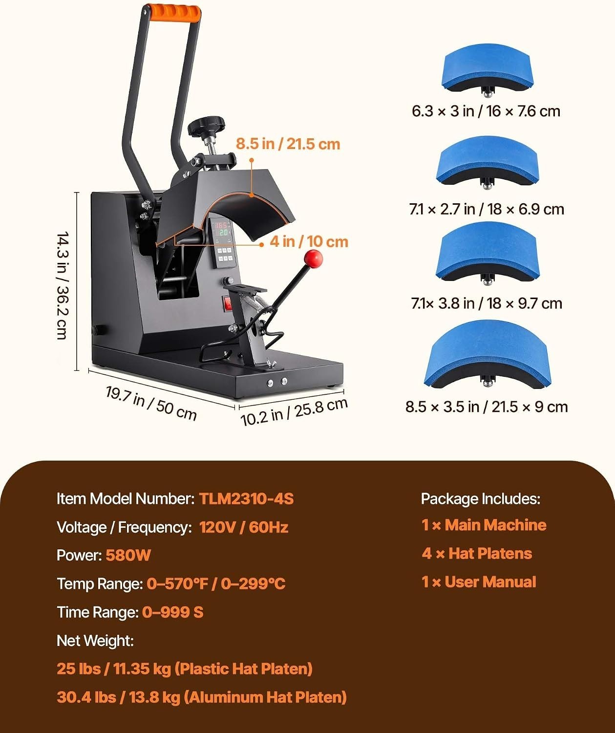 4-in-1 Heat Press Machine for Hats with 6x3inches Curved Teflon-Coated Heat P…