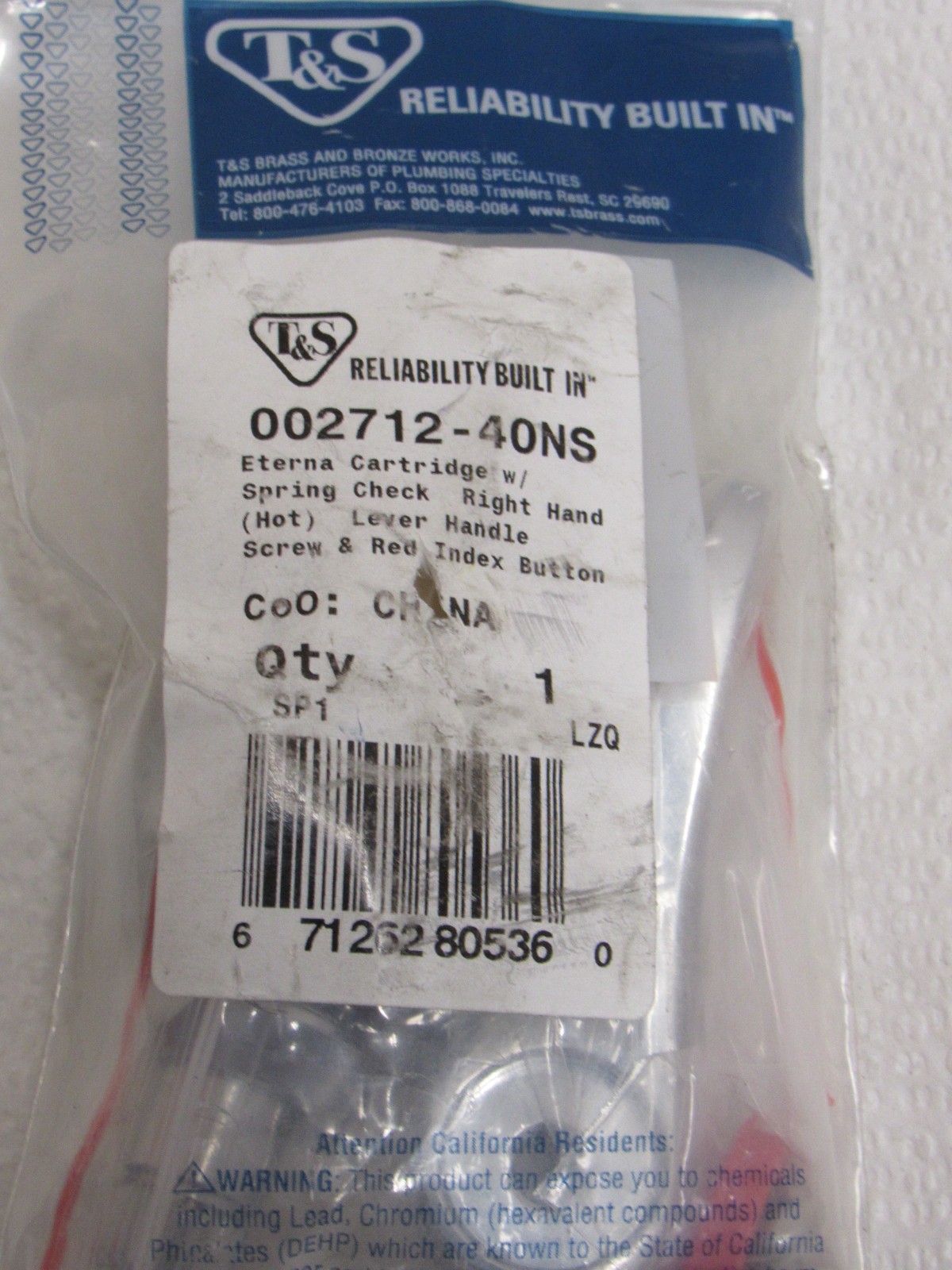 T&S Reliability Built Eterna Cartridge with Spring Check Right Hand 002712-40NS