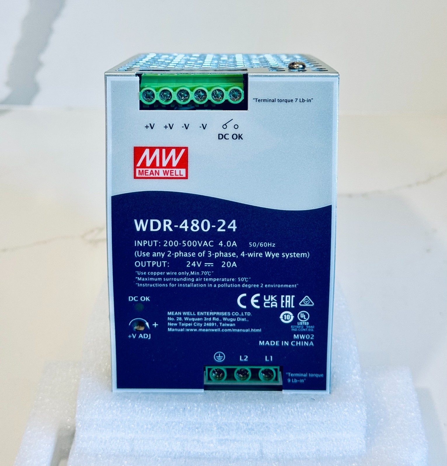 Mean Well WDR-480-24 480 W DIN Rail Power Supply, 24 VDC 20 A, 200–500 VAC (NIB)