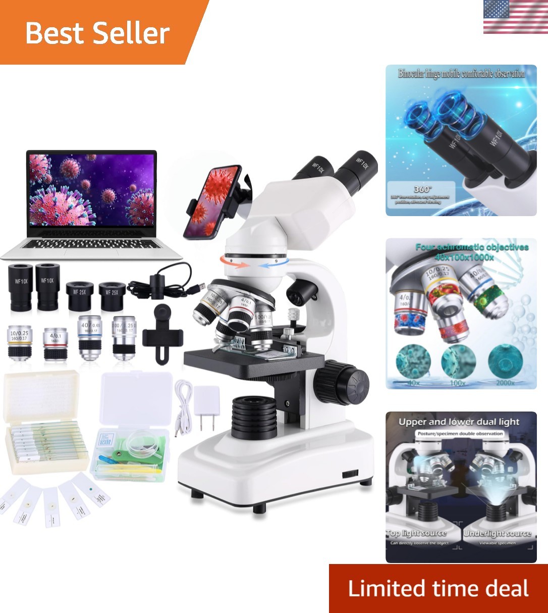Compound Microscope，40X-2500X ，WF10x and WF25x eyepieces, Dual LED Lighting a…