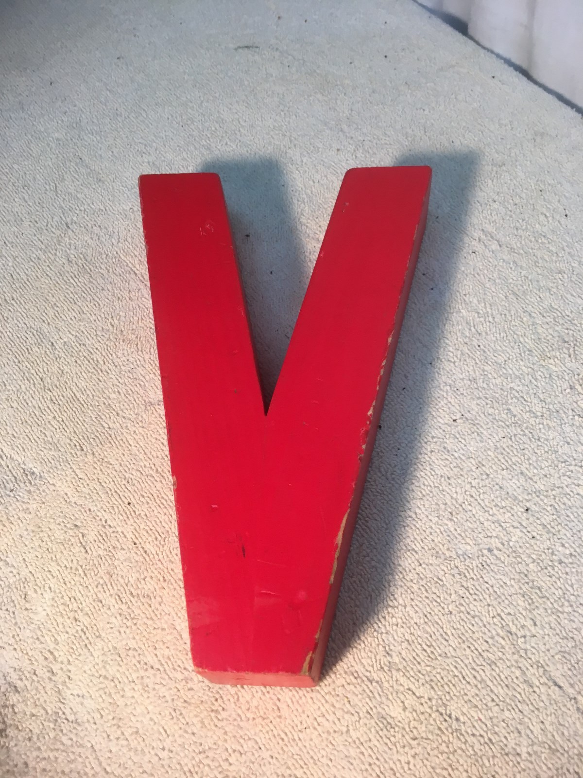 Letter V Big Vtg Wood Block Type Italic Font 8in x 5in x 1.5in Red