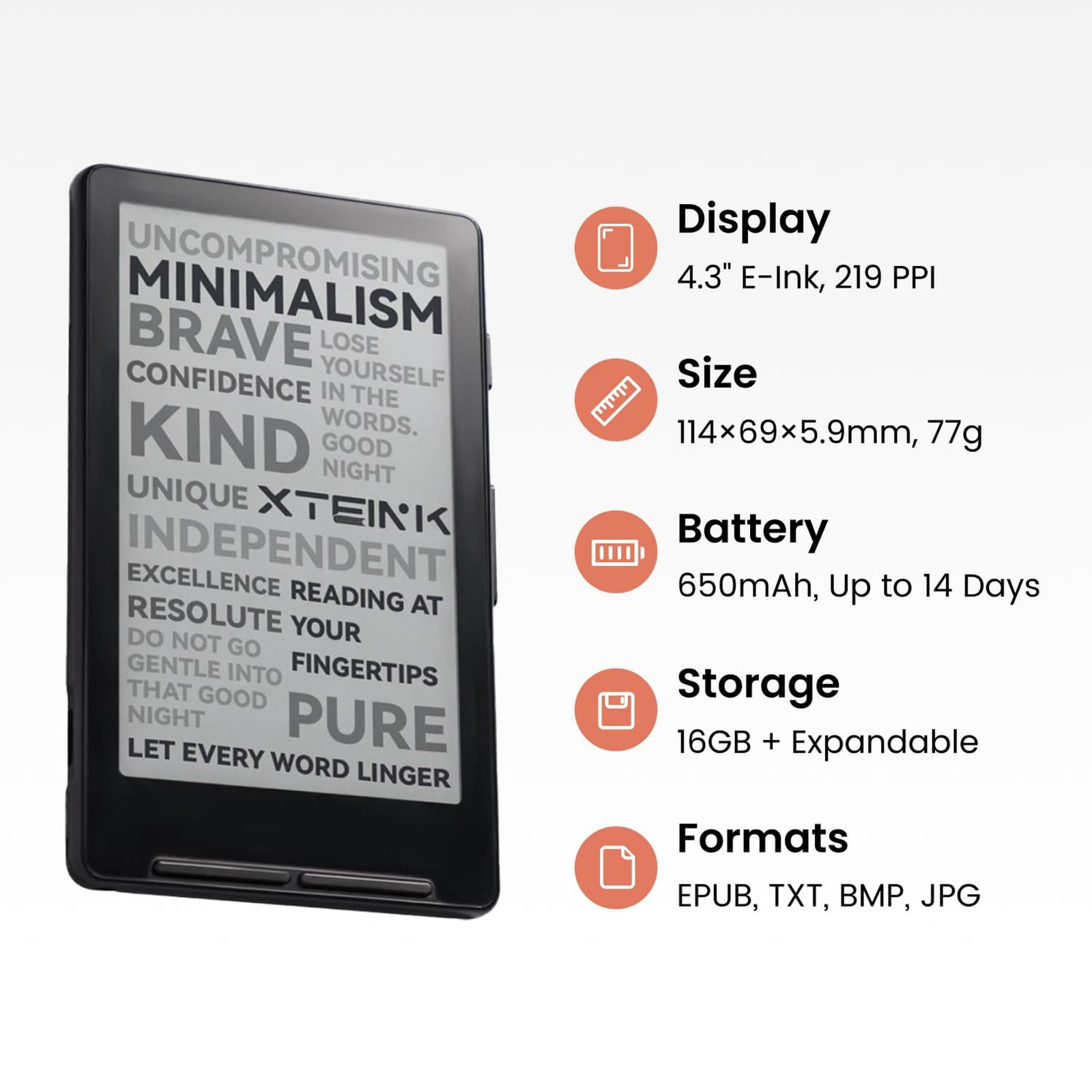 X4 E-Book Reader (Developer Edition), 4.3″ Pocket E-Ink eReader, Physical Page-T