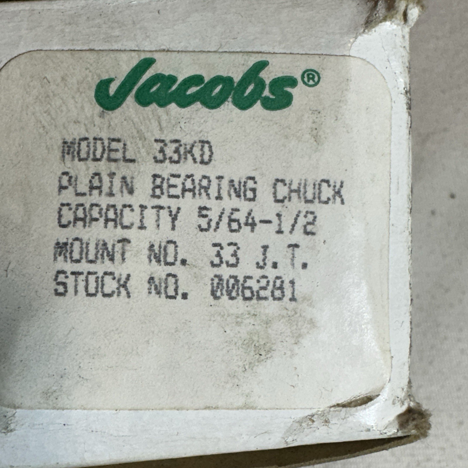 New Jacobs USA 33KD Plain Bearing Drill Chuck 5/64-1/2” capacity Mount 33JT