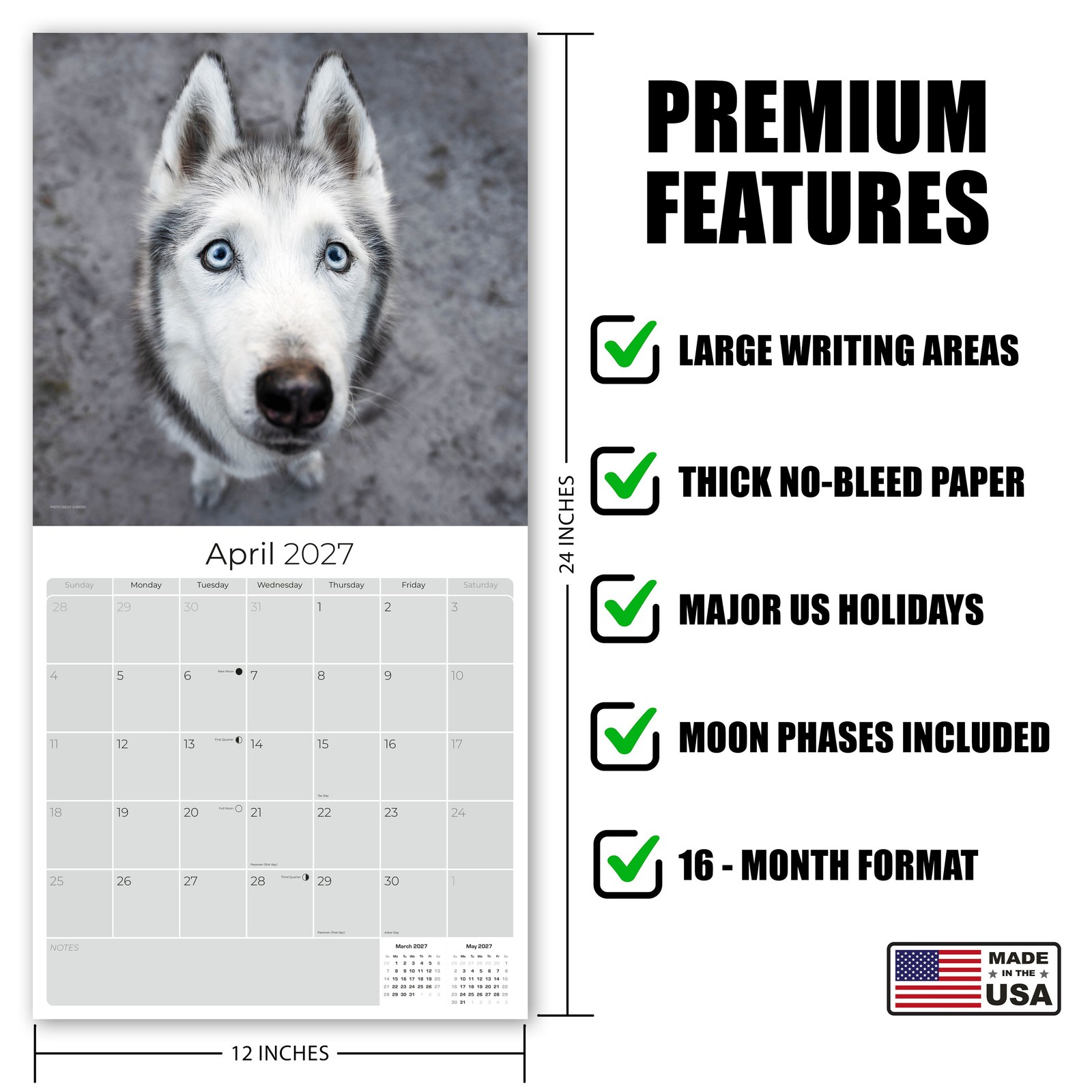 Siberian Husky Dog Breed Calendar 2024 FULL SIZE 12×24 Made in USA