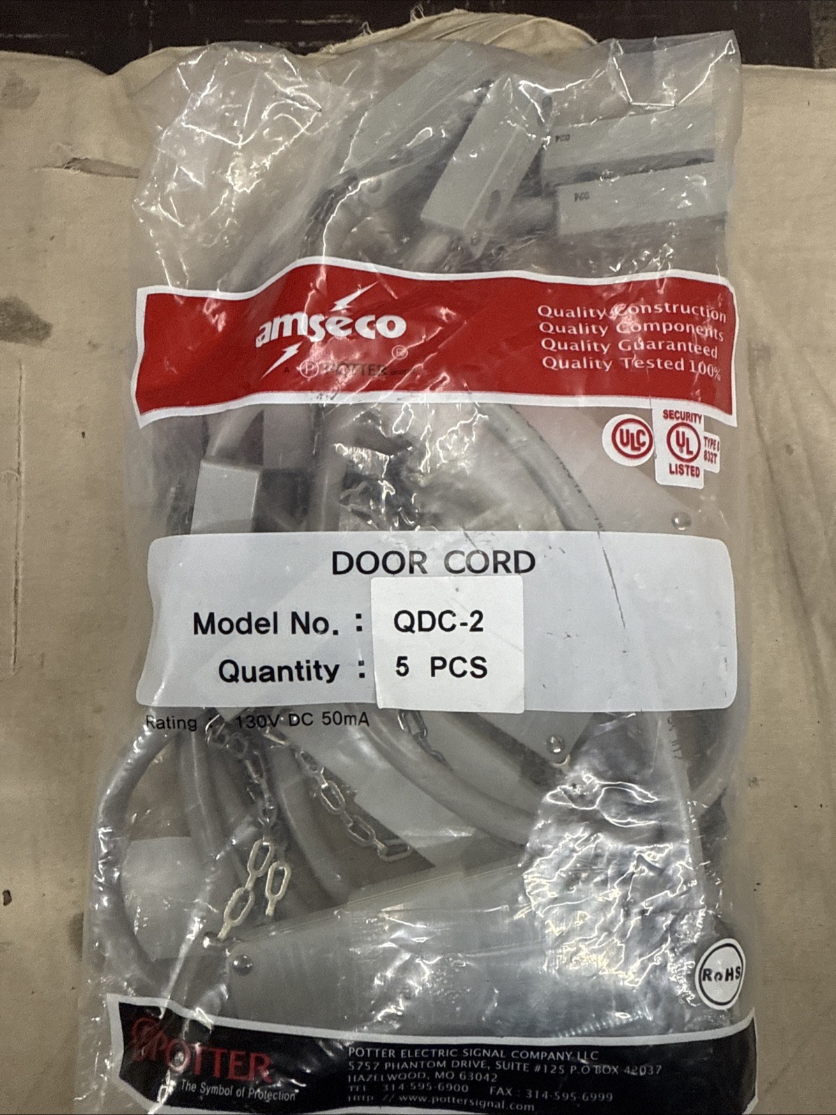 Amseco / POTTER Electric Signal QDC2 QUICK DISCONNECT DOOR CORD, Pack of 5