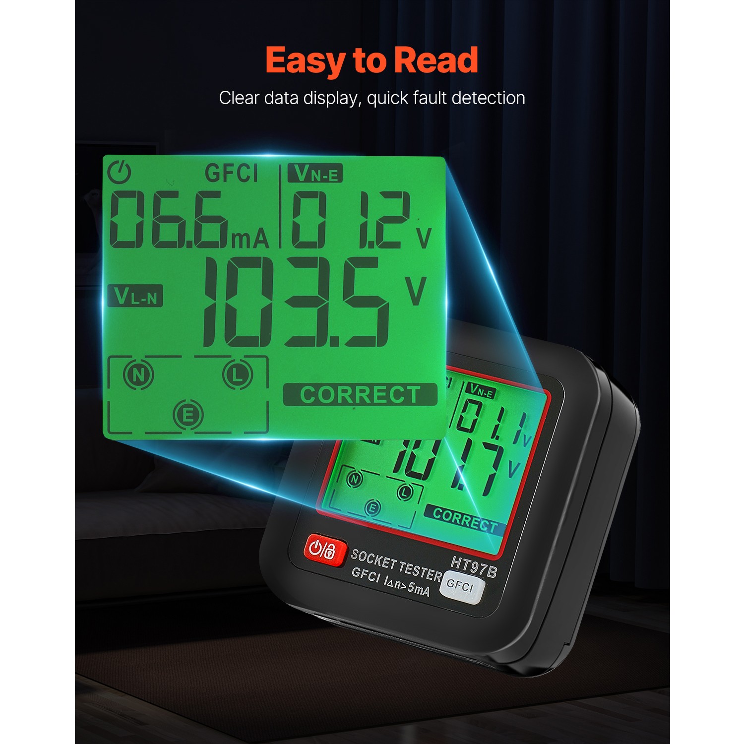 Outlet Tester Electrical GFCI Trip Tester LCD Display Receptacle Detector