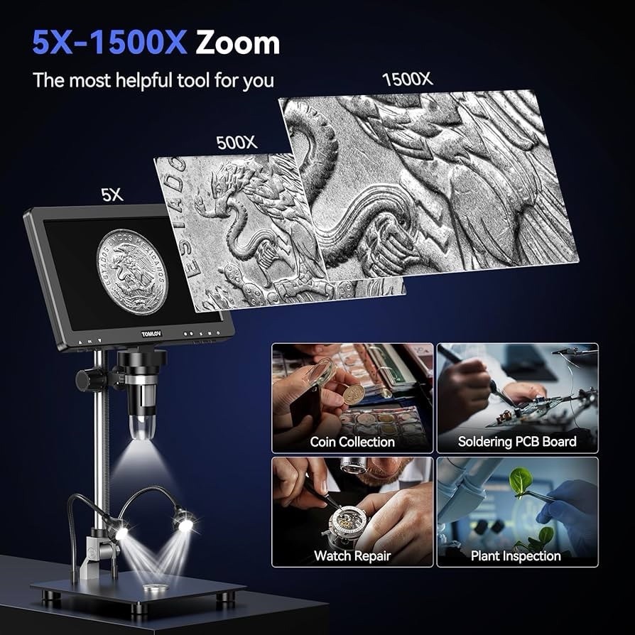 TOMLOV DM9 Max 10.1″ IPS HDMI Digital Microscope 1500X 20MP HD Coin Magnifier