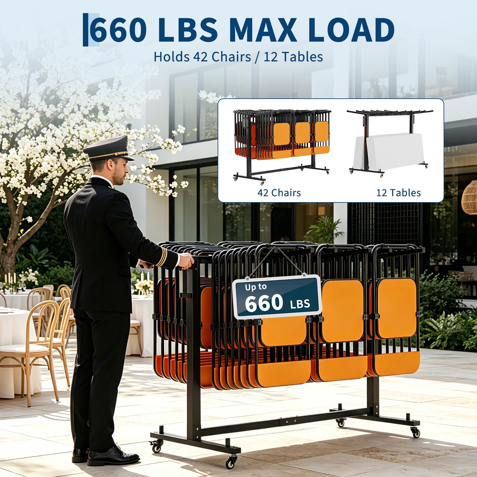 660 LBS Folding Chair Table Cart, Holds 42 Chairs or 12 Tables, Brake Casters