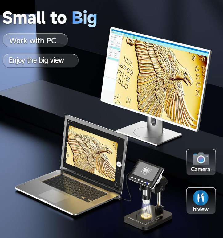 4.3 Inch LCD Digital Coin Microscope, 1000X USB Magnifier with 8 Adjustable LED