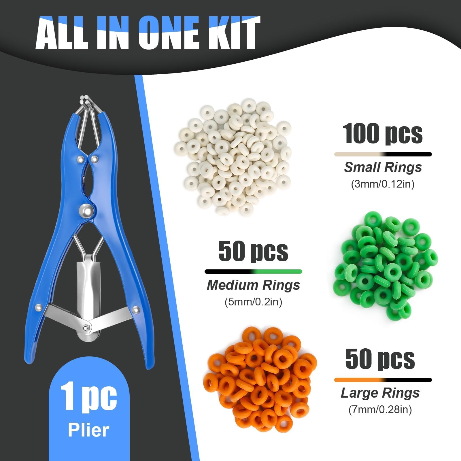 Goat Banding Kit, Stainless Steel Elastrator with 200pcs 3-Size Small, Blue