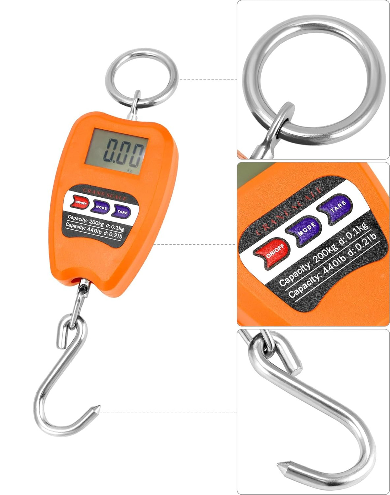 Digital Crane Scale 200kg 440lbs Aluminum Housing Fish Weighing Scale with LED