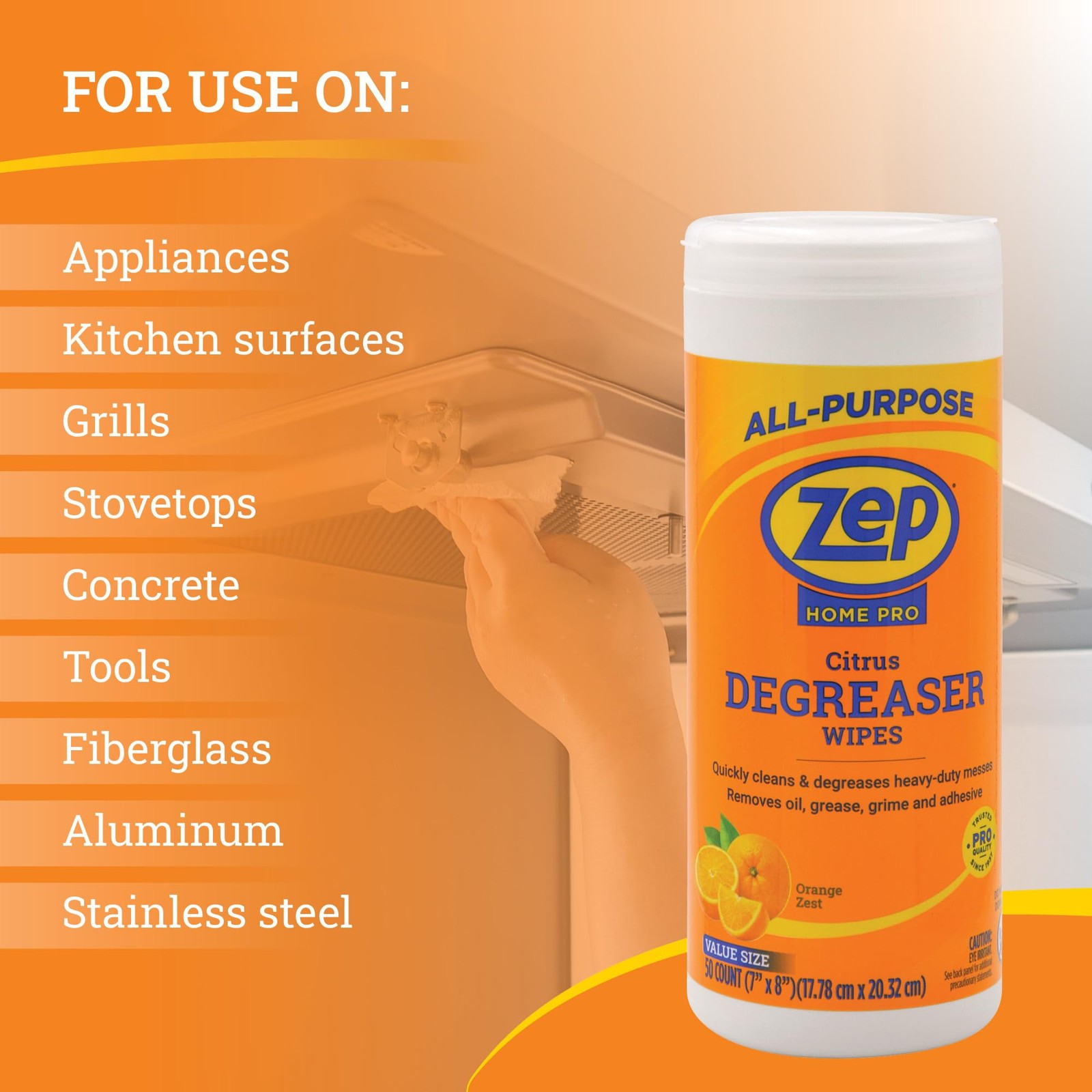 Zep Home Pro Citrus Degreaser Wipes 50 count- 50 Count (Pack of 1), White