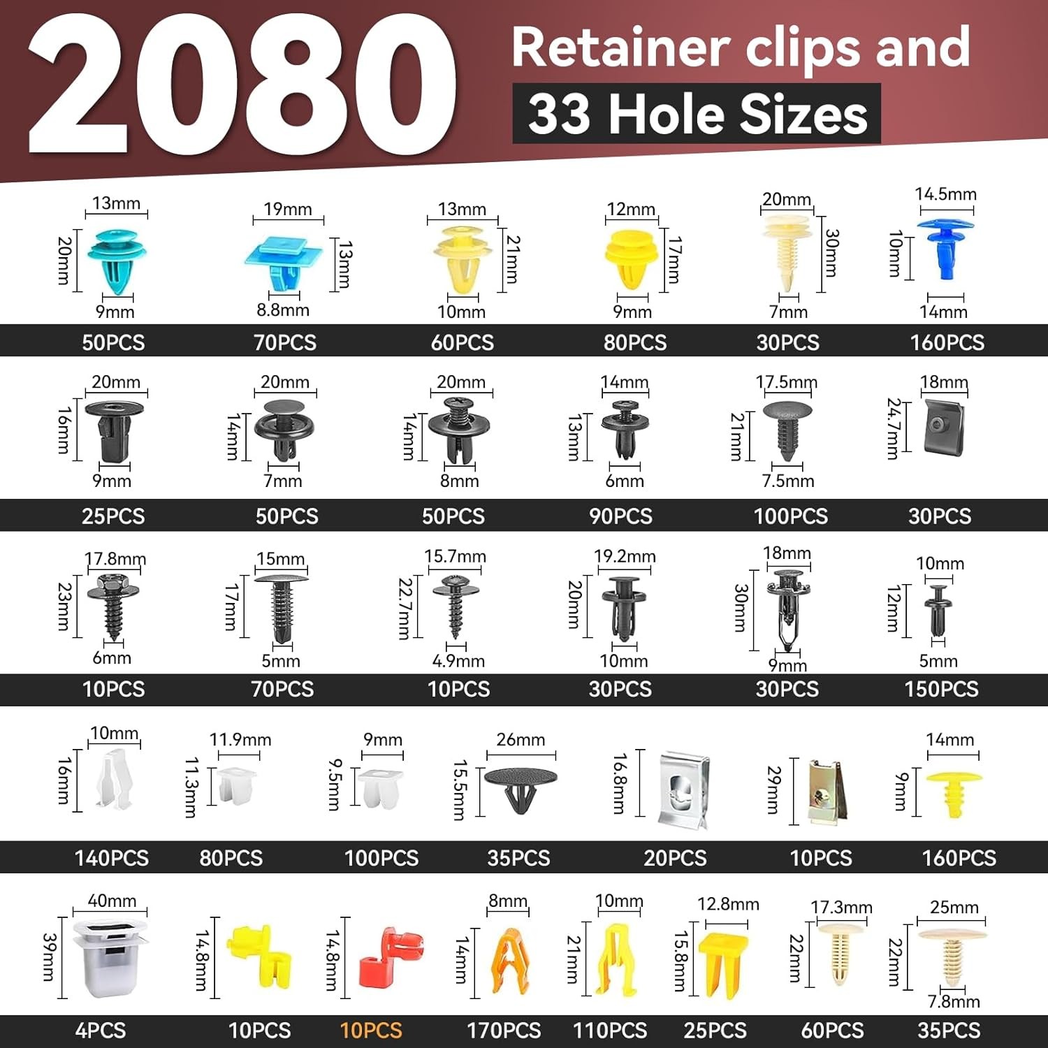 2080Pcs Car Retainer Clips & Fasteners Kit – 33 Universal Sizes Nylon Bumper,