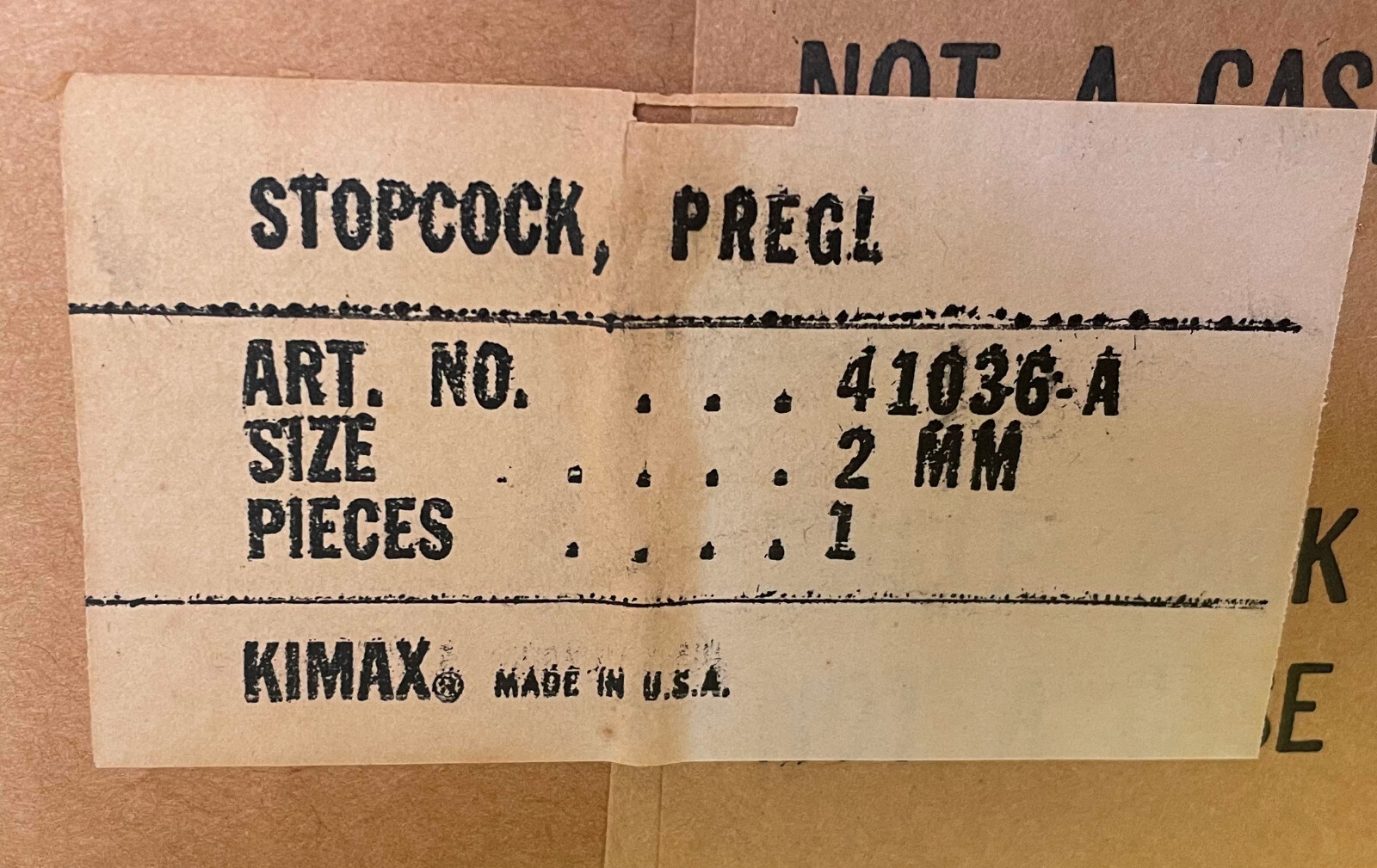 Stopcock, Kimble, 41036-A, Stopcock, 2mm Bore, 3-way, Listed as PREGL (Buret)