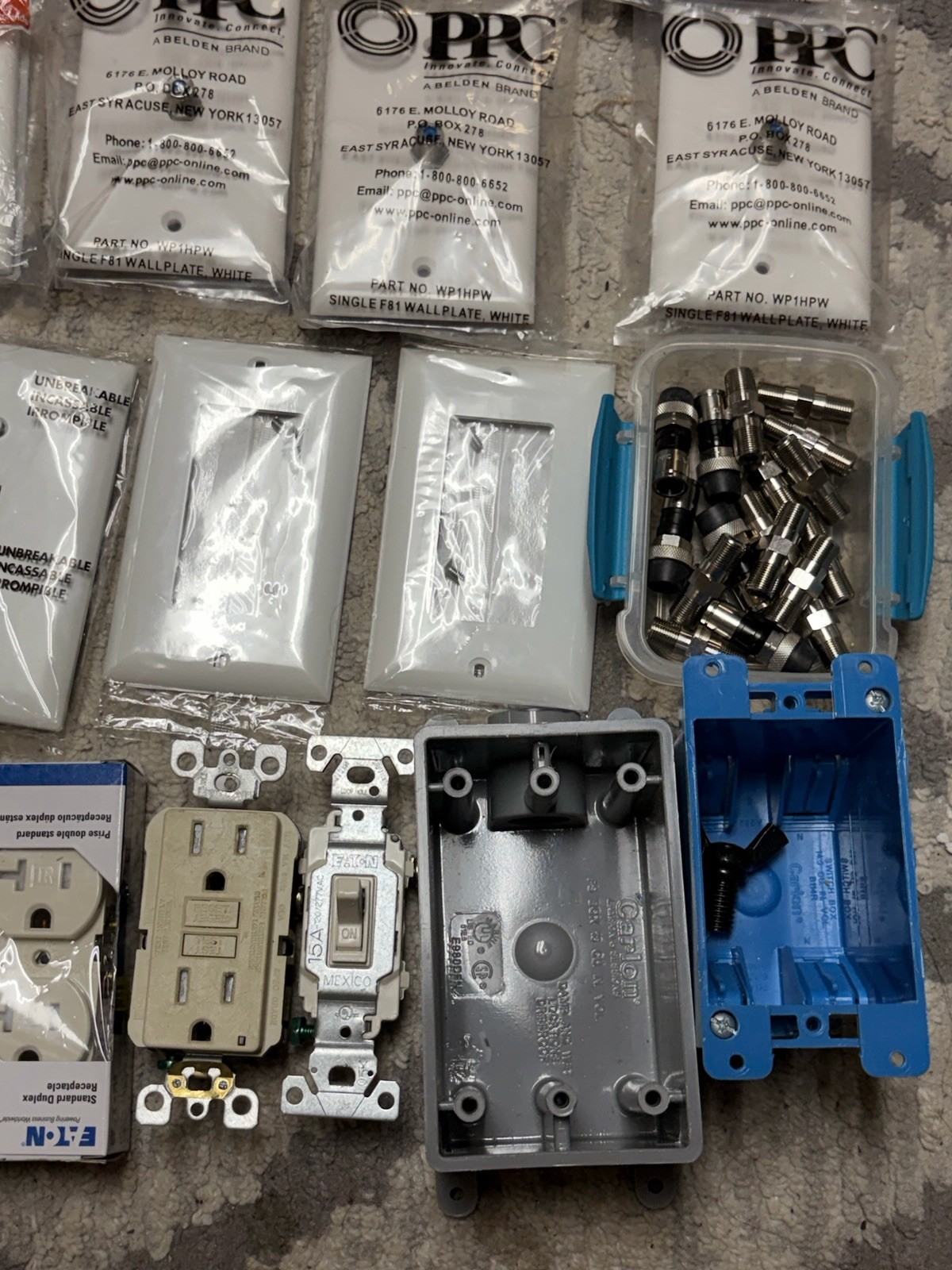 Electrical Supplies Lot PPC Belden Eaton Leviton Carlon GFCI Wall Plates