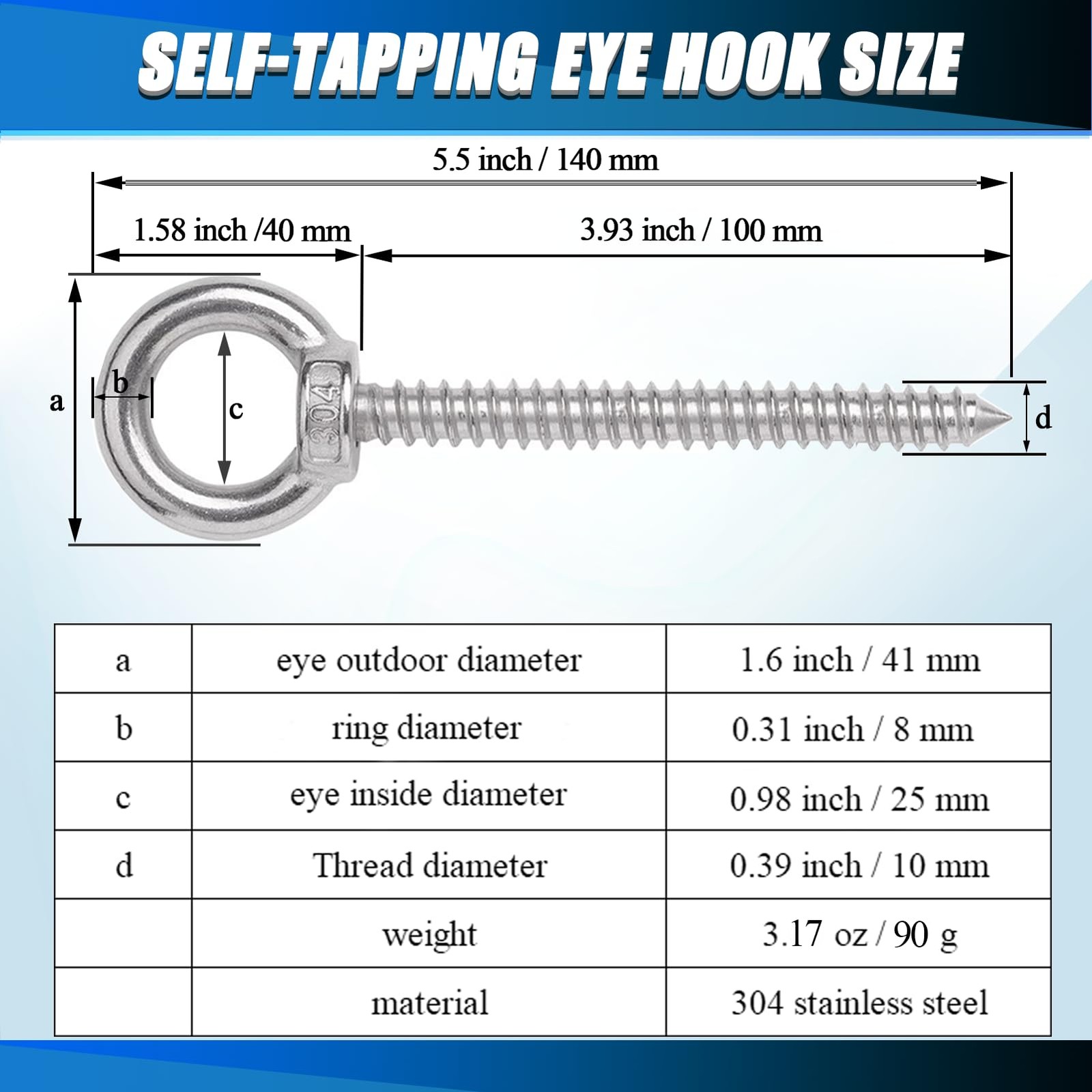 4 Pack 5.5 Inch Heavy Duty Eye Hooks M10 Self Tapping Eyelet Screw 1000LBS Load