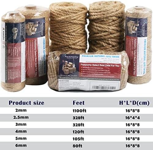 PerkHomy Jute Twine String 3mm 328Ft Natural Thin Ribbon for Craft, Gardening, W
