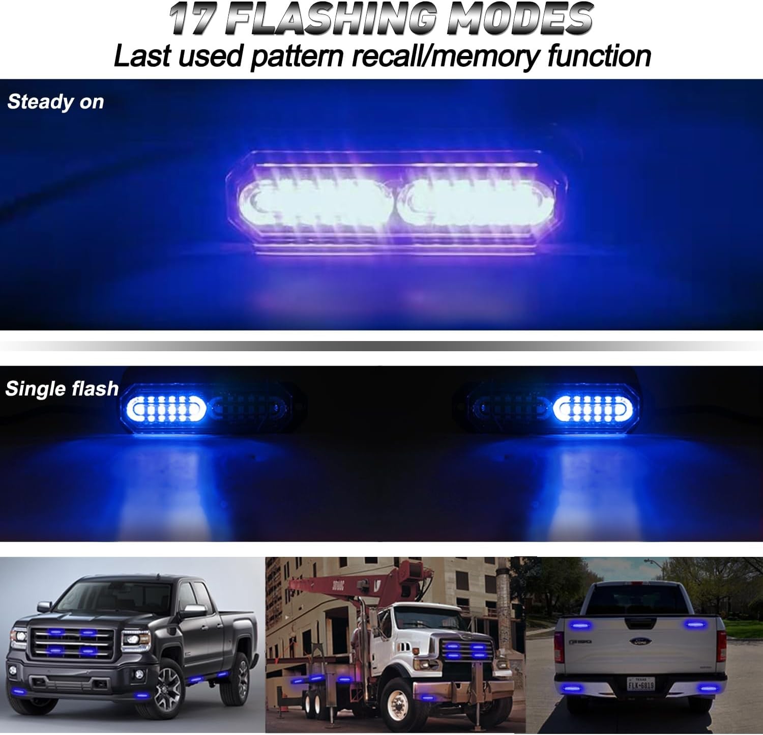 8pcs Blue 12-LED Strobe Light Kit – Ultra Slim Warning Lights for Car, Truck, SU