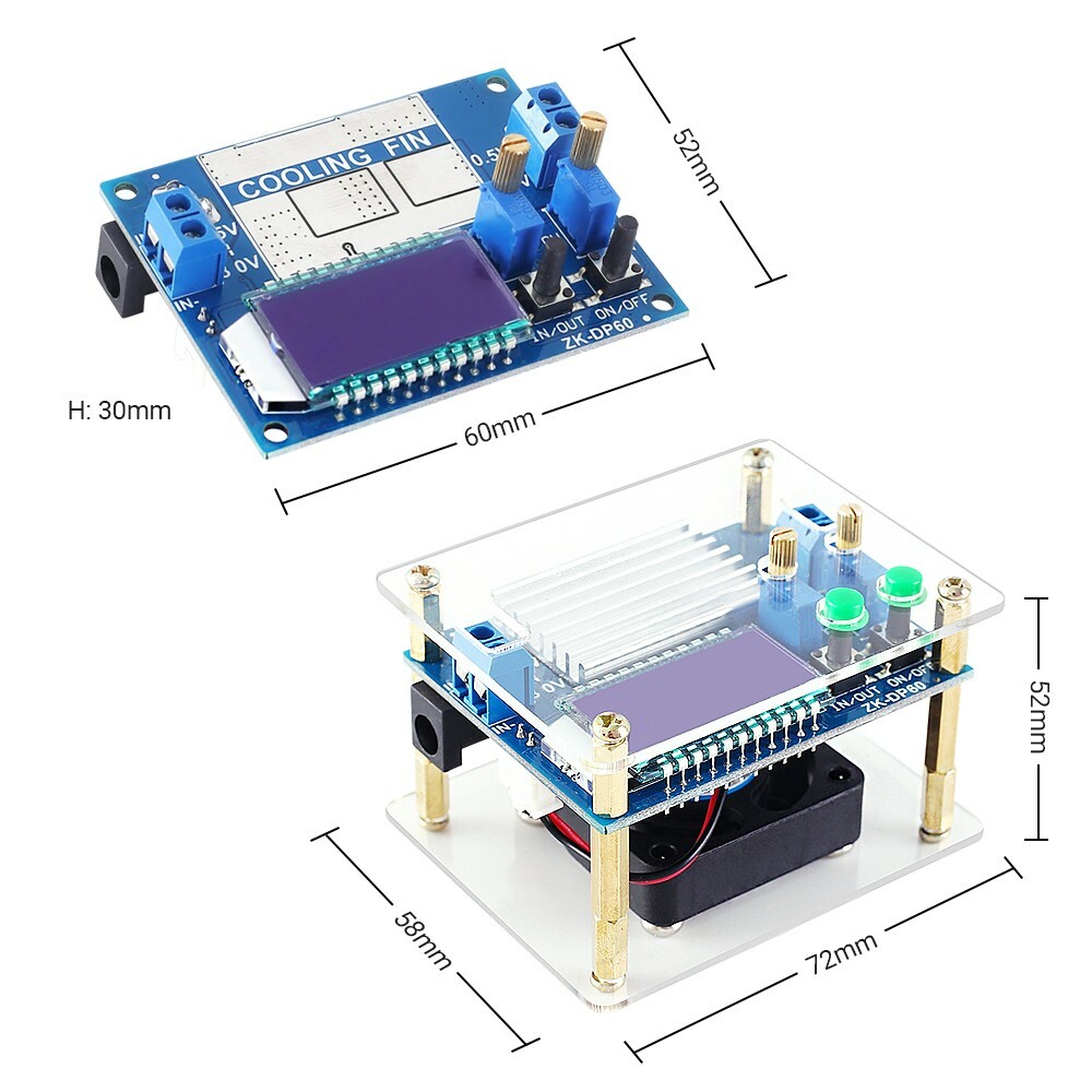 2pc 60W Adjustable Buck Boost Step Up Step Down Power Supply Module with Fan LCD