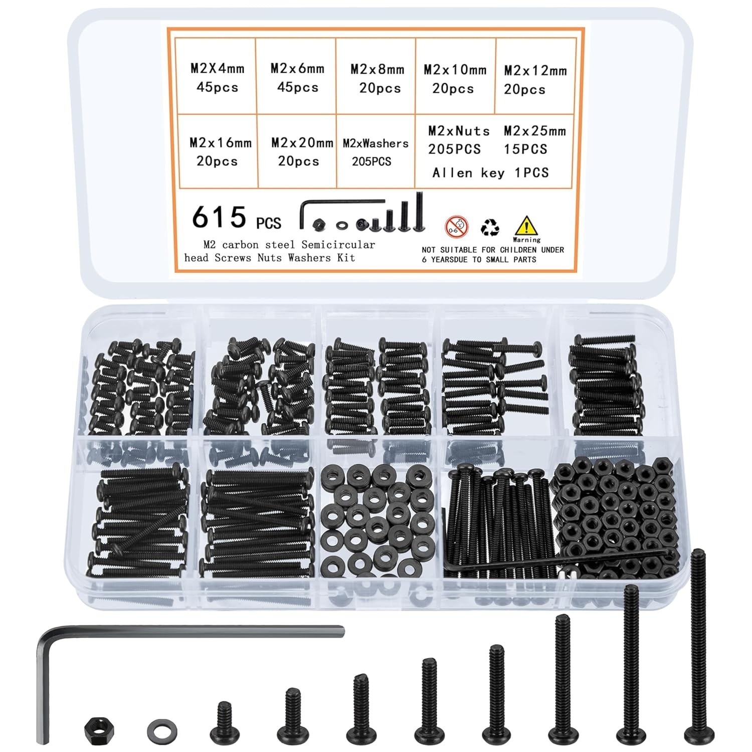 615 Pcs M2 Screw Assortment, M2 Bolts and Nuts Kit, Hex Socket Button Head Cap S