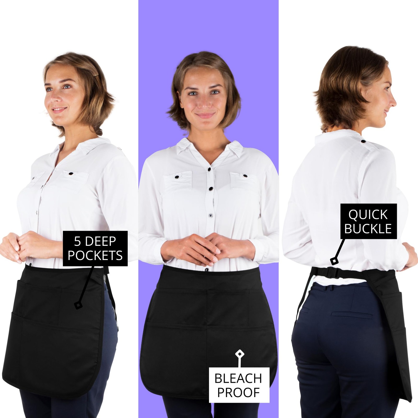 2× Server Apron with 5 Pockets Half Waitress Apron Women Men Waitress Tool Bag