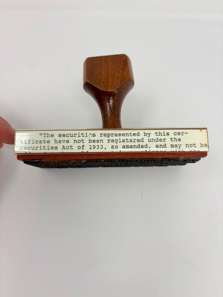 Vintage Wood Handle Rubber Stamp Securities Act of 1933 Stock Certificate Legal