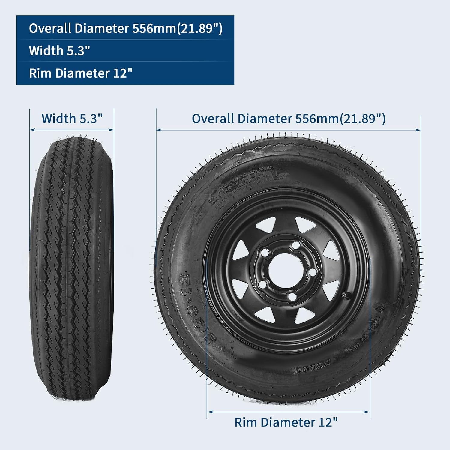 2PCS Trailer Tire On Rim 5.30-12 5 Lug Trailer Tires12In Wheels Load Range C 6PR